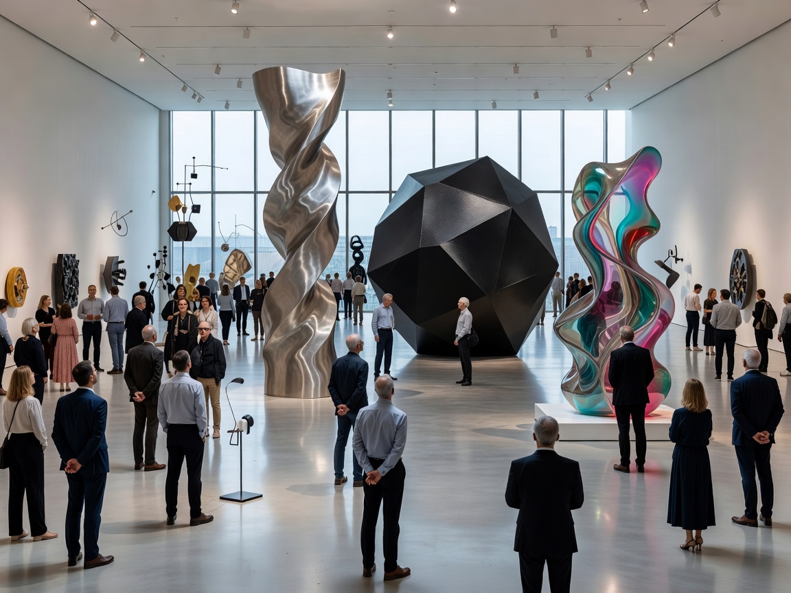 Exhibition hall with visitors admiring modern sculpture pieces