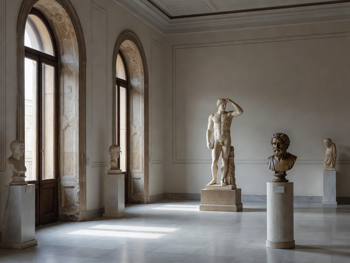 Quiet museum corner with natural light entering from tall arched windows