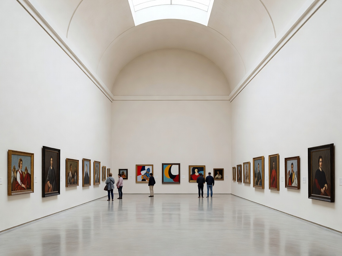 Spacious museum gallery interior with framed paintings on clean white walls
