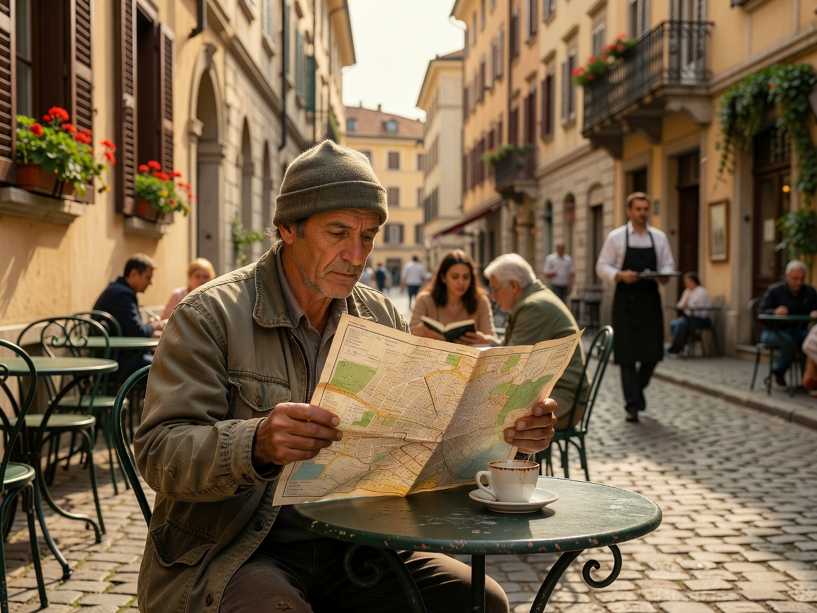 Traveler consulting a city map in an outdoor European café setting